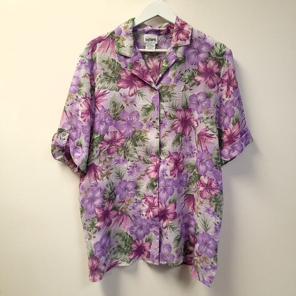 BonWorth Tops - Bonworth Button Down Shirt Size M Purple Blouse Short Sleeve Hibiscus Hawaiian​